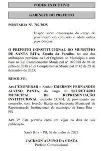 Jackson Alvino exonera Emerson Panta da Secretaria de Representação Institucional da Prefeitura de Santa Rita 1 Exoneracao PPanta