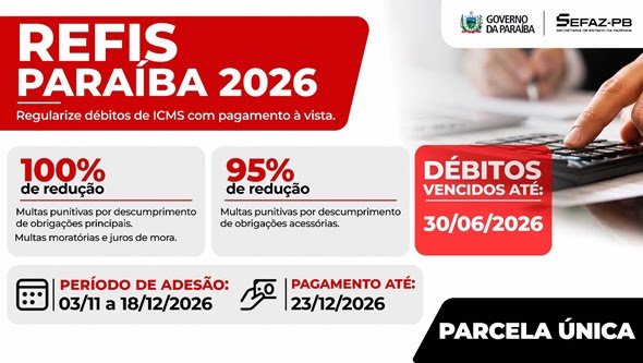 Governo da Paraíba publica Medida Provisória do Refis do ICMS 2026 com desconto de até 100% nas multas e juros de mora